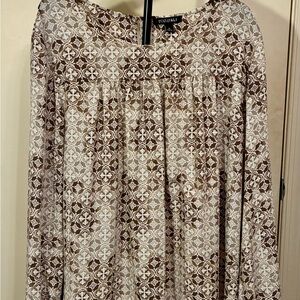 Roz & Ali XL Cream and Brown Tile-Print Long Sleeve Boho Blouse EUC/Like New